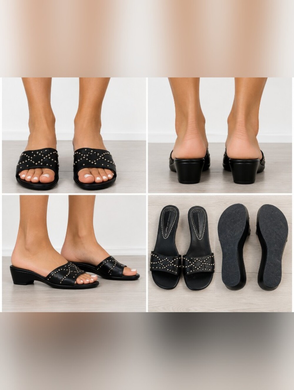 montego bay club black studded slide sandals low wedge size 6